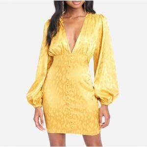 Bebe Yellow Jacquard Long Sleeve Mini Dress Deep V Button Front Size 10 party